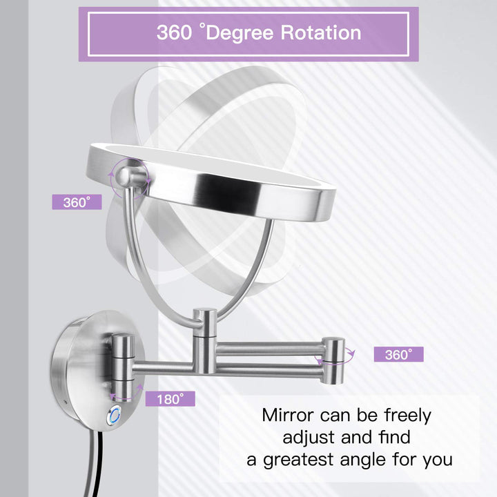 AmnoAmno Vanity Mirror 8.5 LED Double Sided Swivel Wall Mount Makeup Mirror with 10x Magnification,13.7 Extension,Touch Button Adjustable Light,Suitable for Bedroom or Bathroom