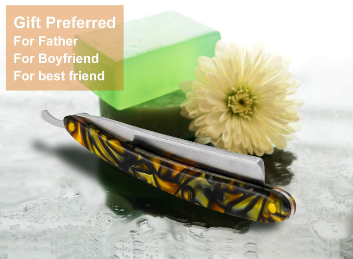 Professional Straight Edge Razor, Stainless Steel Barber Razor Folding Shaving Knife Cut Tool for Male Acrylic Handle Yellow