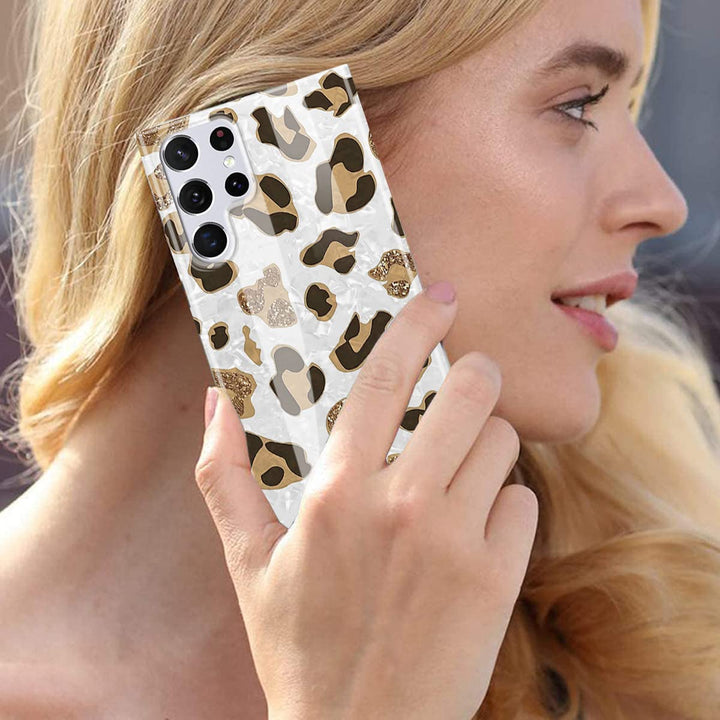 for Samsung Galaxy S22 Ultra Case, Cute Design with Leopard Print Phone Case for Women Girls, Soft Silicone Cover with Sparkly Pearly-Lustre Shell for Galaxy S22 Ultra 5G, White/Leopard