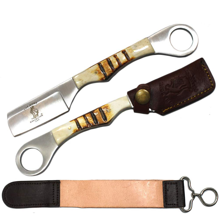 8 Overall Bone Collector Hand Made Straight Razor with Leather Strop and Sheath (Bone)