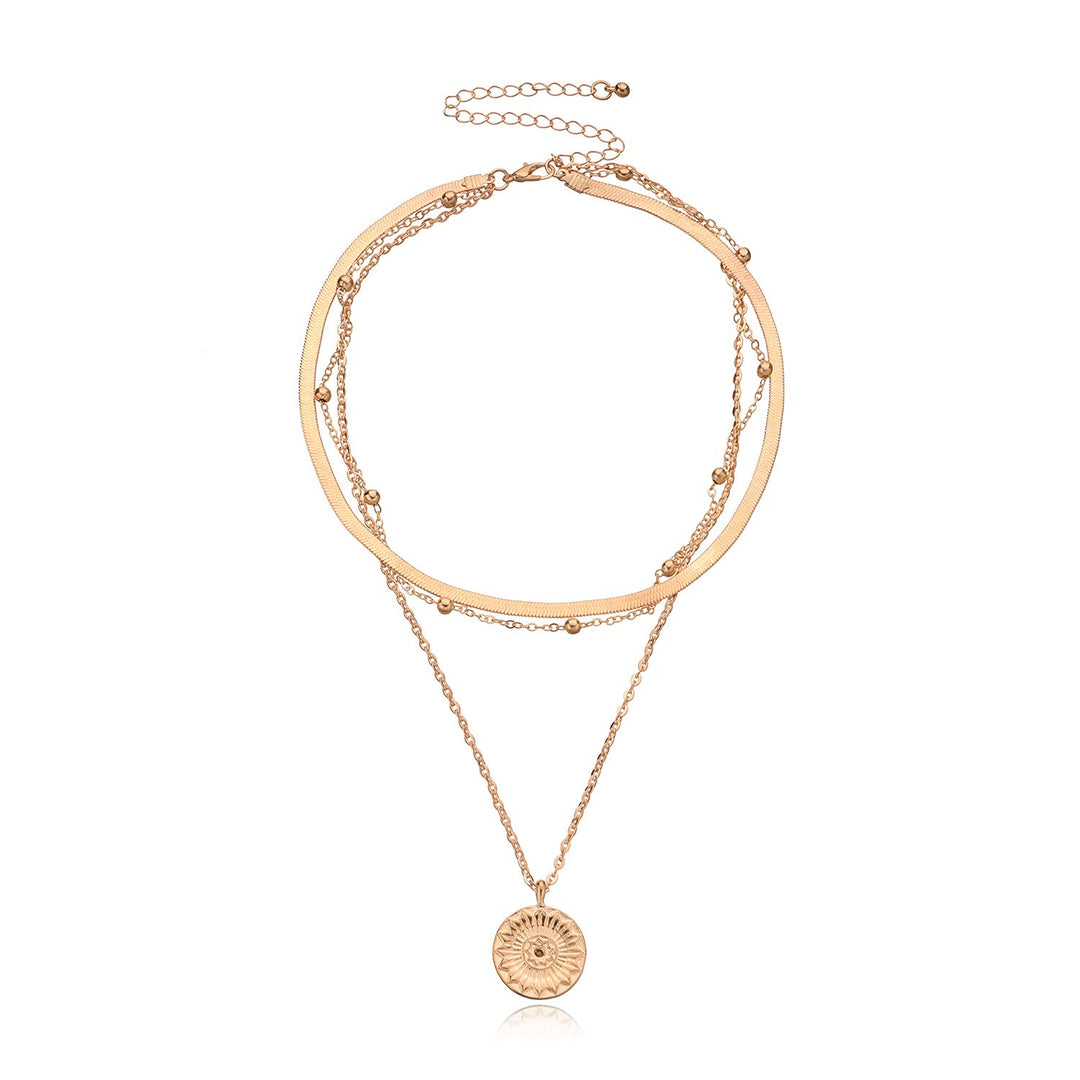 Flower Coin Layered Necklace Boho Choker Necklaces Beaded Pendant Necklace for Women (Spend coins layered necklace)