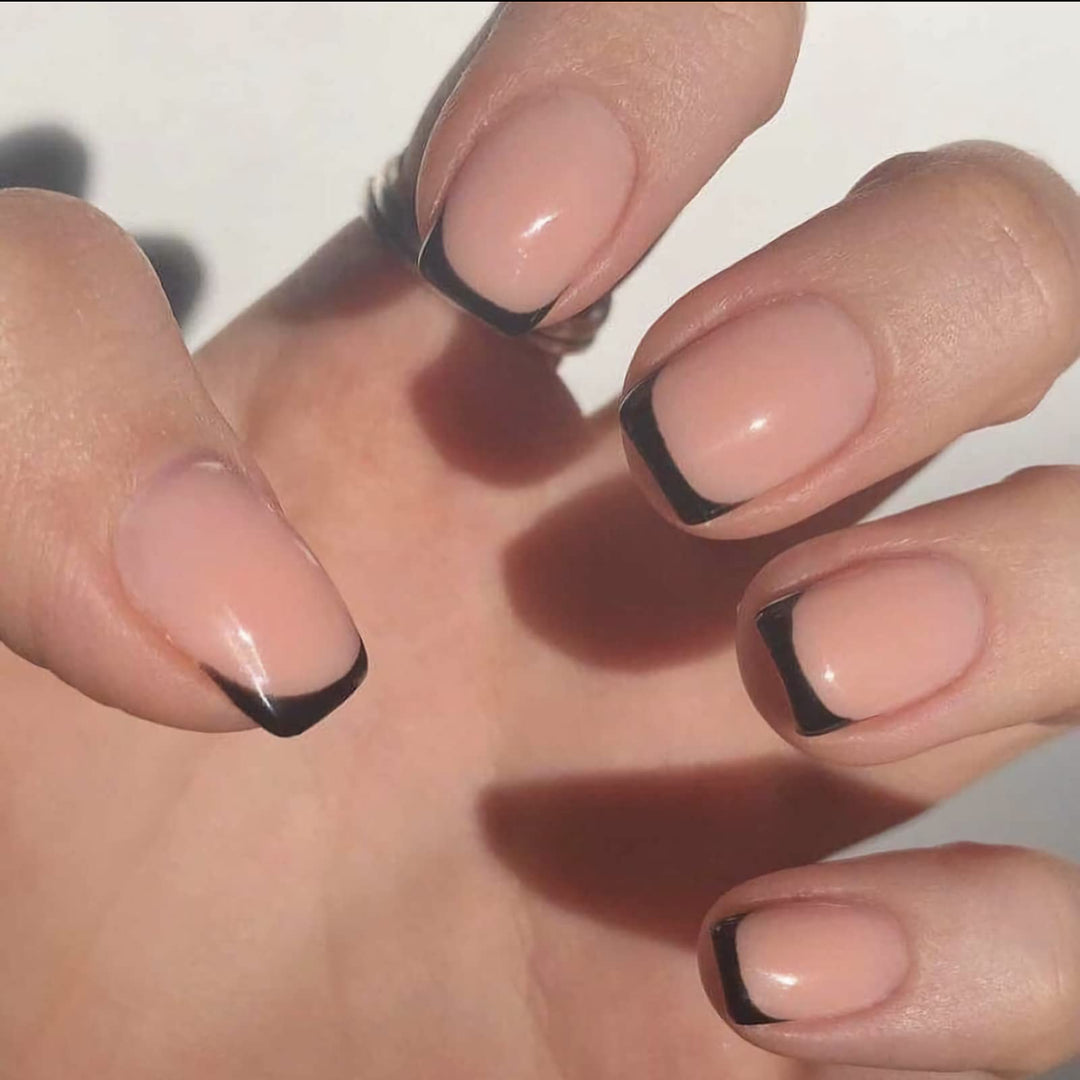 French Tip Press on Nails Black Glue on Nails Short Fake Nails Square Full Cover False Nails with Designs for Women and Girls 24PCS