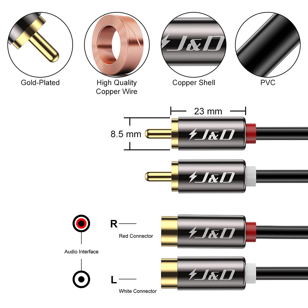J&D 2 RCA Extension Cable, RCA Cable, Gold Plated C