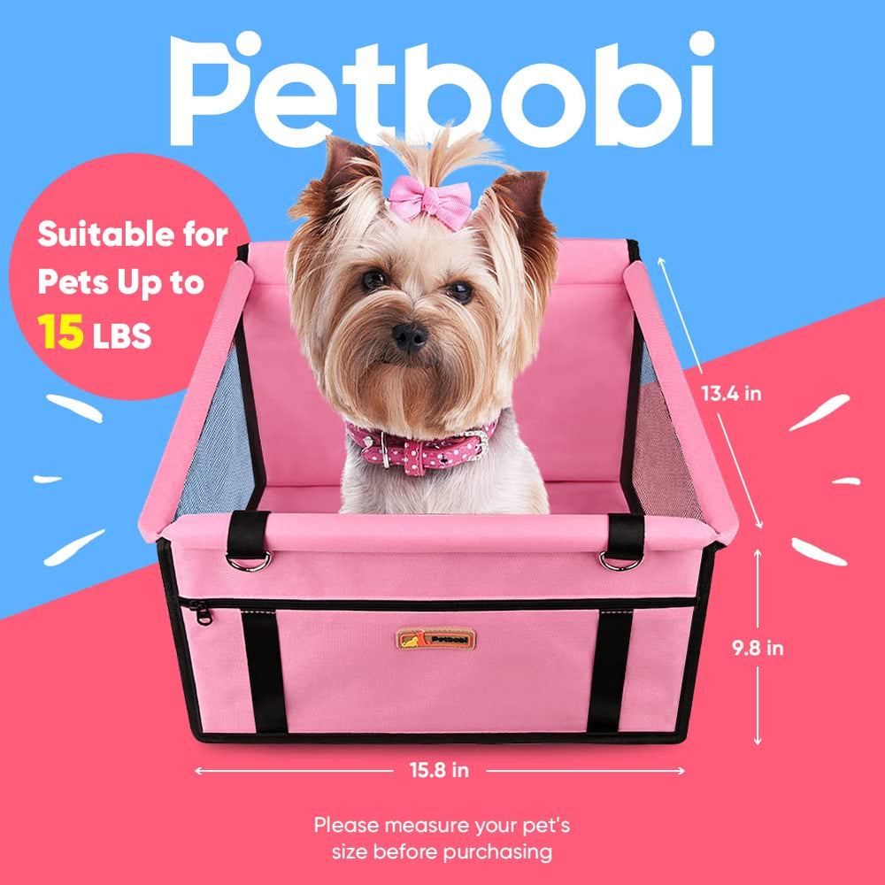 Pet Reinforce Car Booster Seat for Dog Cat Portable and Breathable Bag with Seat Belt Dog Carrier Safety Stable for Travel Look Out,with Clip on Leash with PVC Tube, Pink