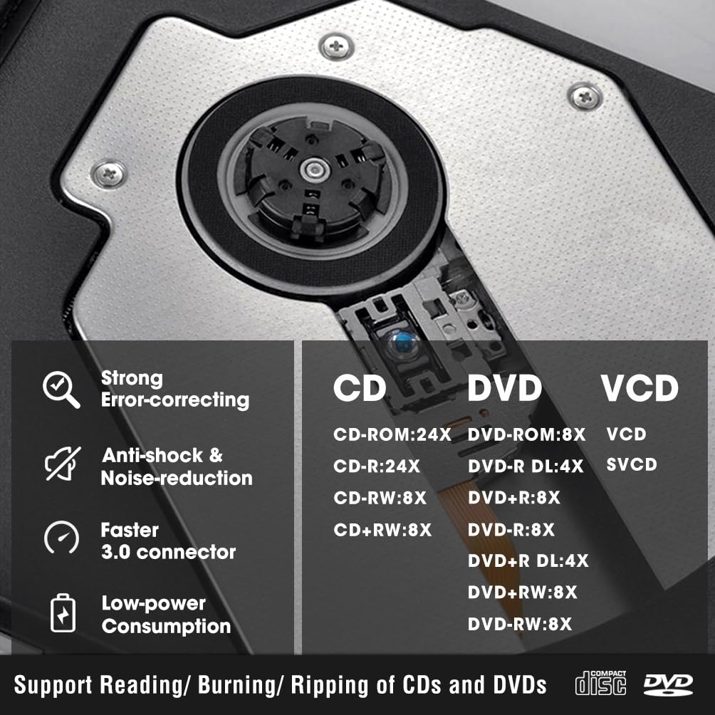 External CD DVD Drive USB 3.0/Type-C Ultra-Slim Aluminum CD/DVD-ROM Player Burner +/-RW Optical Disc Drive Reader Rewriter for Laptop PC Windows 11/10/8/7 Mac MacBook Pro Linux OS, Silver