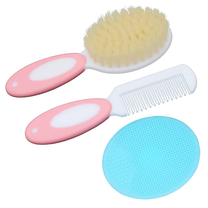 Baby Hair Brush &amp;Silicone Baby Cradle Cap Brush Set, for Newborns &amp; Toddlers-Natural Soft Goat Bristles-Ideal for Cradle Cap-Perfect Baby Registry Gift (Pink)