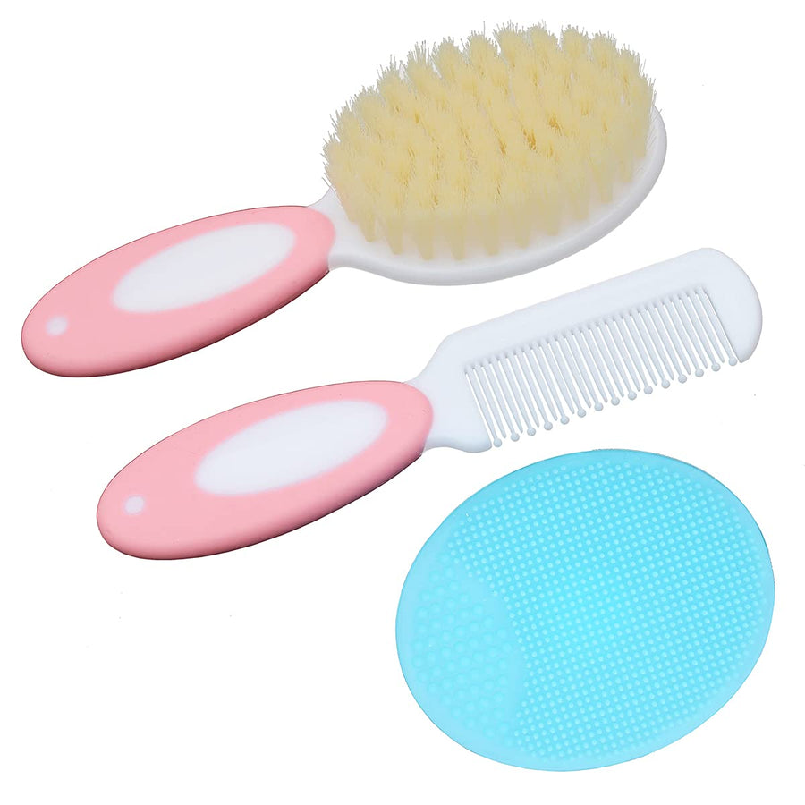 Baby Hair Brush &Silicone Baby Cradle Cap Brush Set, for Newborns & Toddlers-Natural Soft Goat Bristles-Ideal for Cradle Cap-Perfect Baby Registry Gift (Pink)