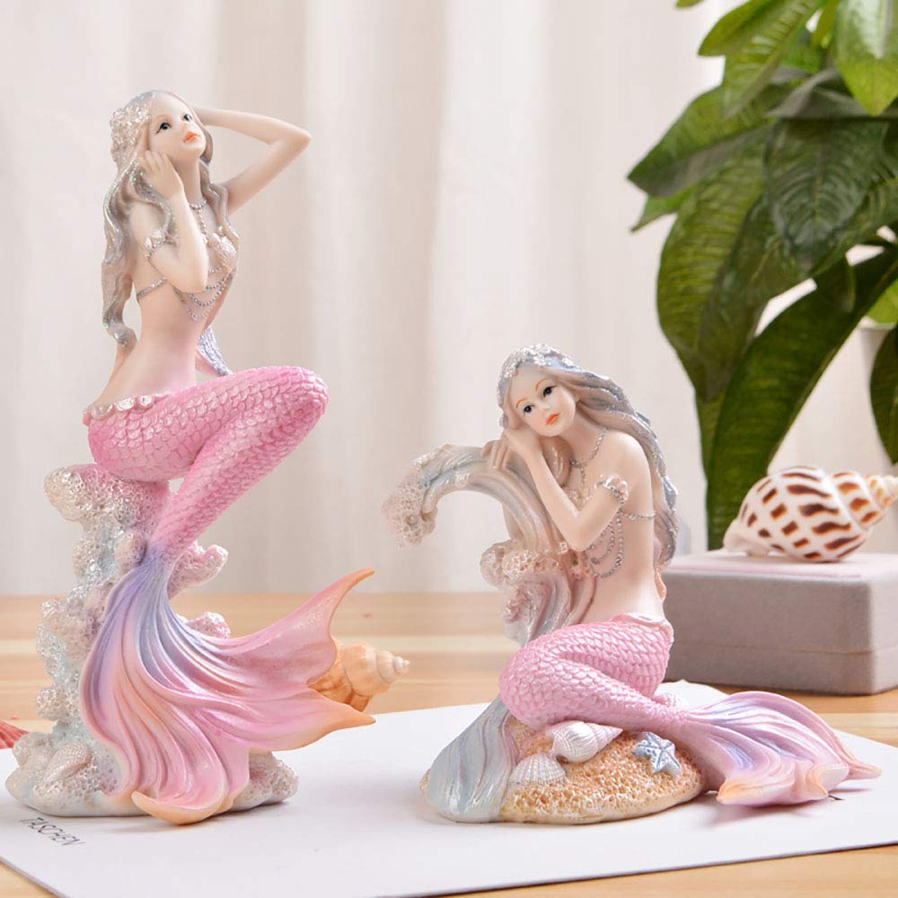 Pink Mermaid Figurines 7.28 Resin Mermaid Sculpture Mediterranean Princess Ornaments Home Office Desktop Bookshelf Mermaid Collectible Figurines Crafts Fish Tank Aquarium Decoration