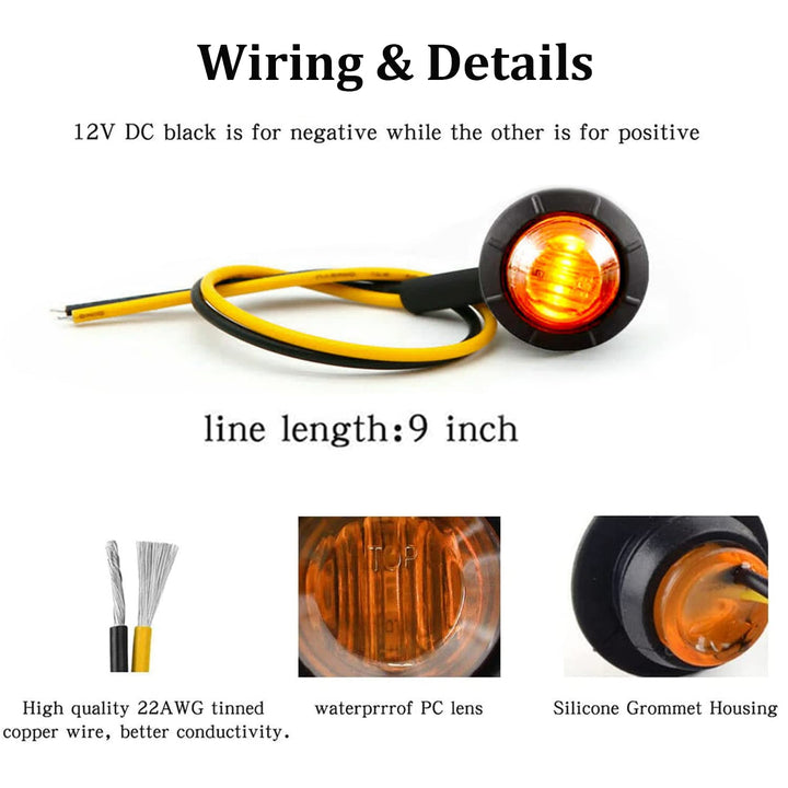&#39;Purishion 10x 3/4 in&#39; Round LED Clearence Light Front Rear Side Marker Indicators Light for Truck Car Bus Trailer Van Caravan Boat, Taillight Brake Stop Lamp (12V, Red+Amber)