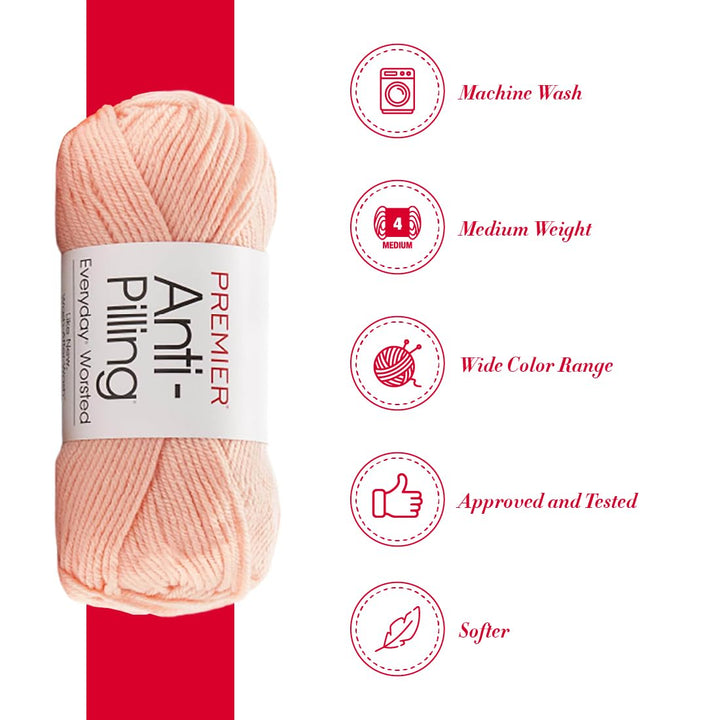 Anti-Pilling Everyday Worsted Yarn, Soft Acrylic Yarn, Ideal Yarn for Crocheting and Knitting, Machine Washable, 180 yds, Soft Peach