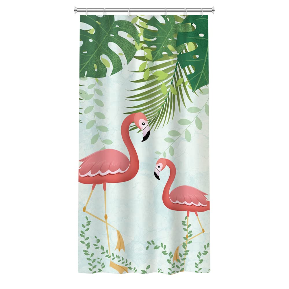 Small Stall Pink Flamingo Green Monstera Shower Curtain 36Wx72H Inch Tropical Birds Green Palm Banana Leaf Print Shower Curtains Set Waterproof Polyester Fabric