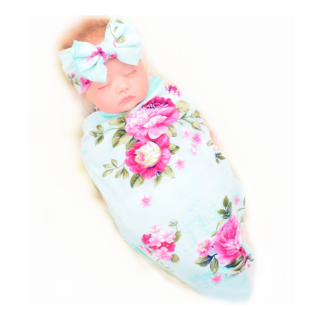 Receiving Blanket Headband Set Flower Print Baby Swaddle Receiving Blankets