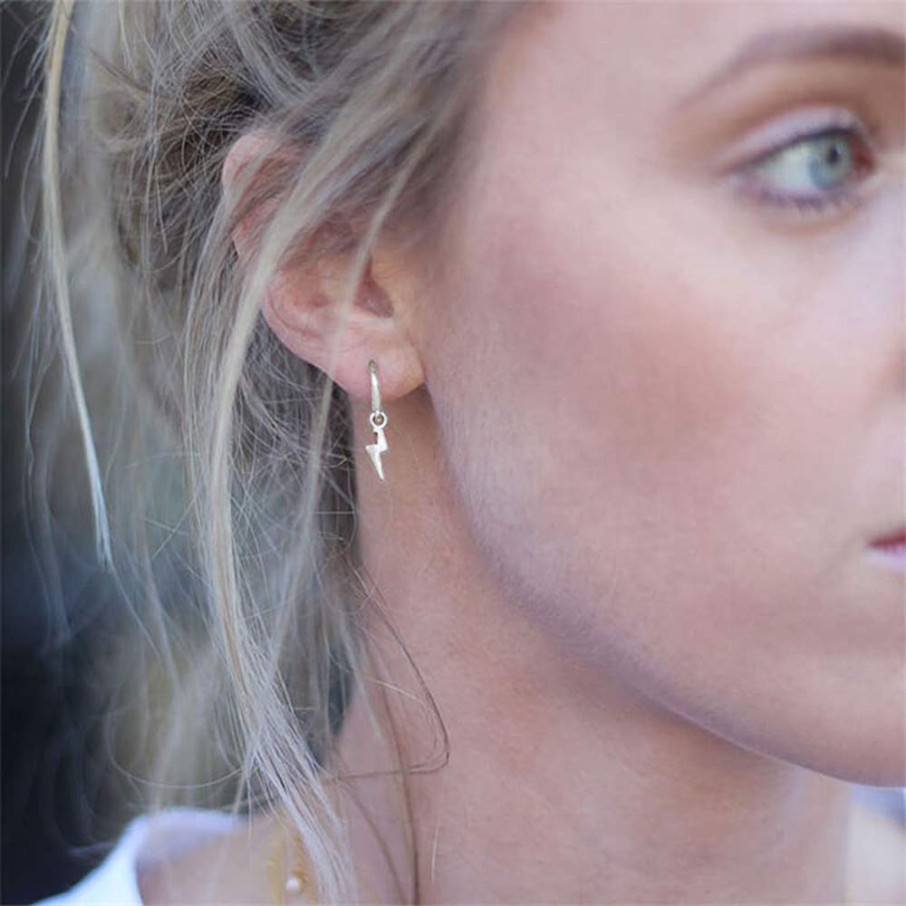 Small Lightning Bolt Dangle Hoop Earrings for Women Girls Sterling Silver Dipped Huggie Personalized Drop Clip Hypoallergenic Stud Delicate Charm Punk Fashion Jewelry Chic Silver-Tone