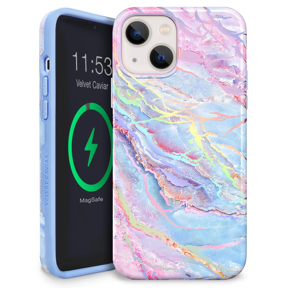for iPhone 13 Case for Women [10ft Drop Tested] Compatible with MagSafe - Cute Phone Cover - Protective Microfiber Lining (Holographic Blue Marble)