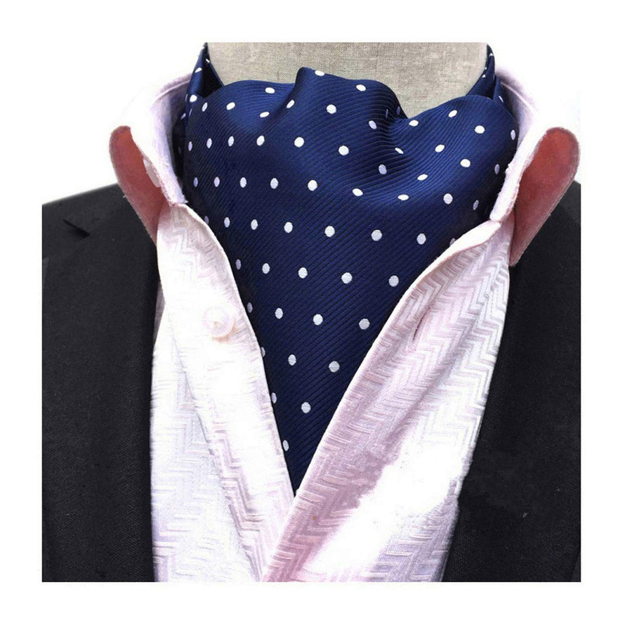 Men's Blue Striped Polka Dot Silk Cravat Woven Ascot Jacquard Ties 017