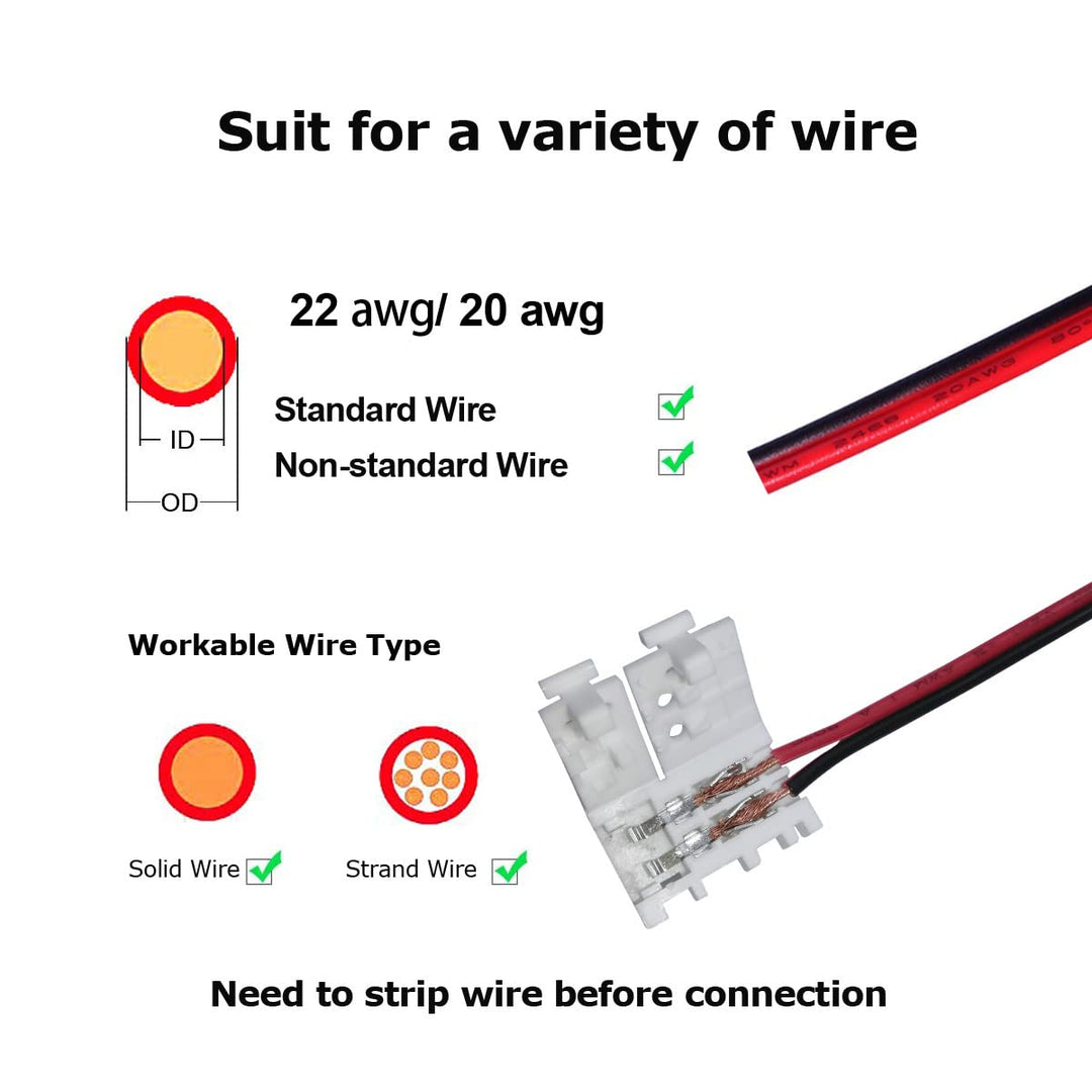 2-Pin 8mm LED Strip Connectors Solderless Unwired Clips - DIY Strip to Wire Quick Connection for 12v 24v Single Color SMD 3528 2835 Led Strip Lights (Pack of 10)