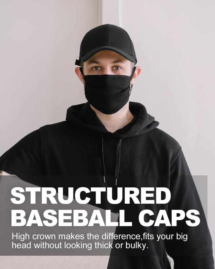 XXL Oversized Ball Cap,Large High Crown Dad Cap for Big Heads,Structured Baseball Hats Adjustable 23.5-25.2 Black