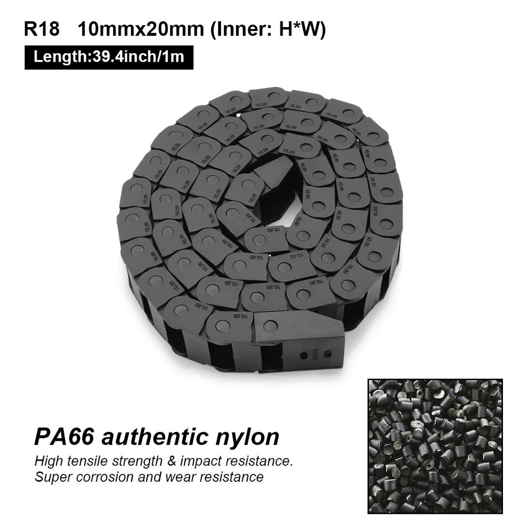 R18 10mm x 20mm(Inner H x Inner W) Black Plastic Cable Wire Carrier Drag Chain 1M Length for CNC, with End Connectors - Bridge Type (Non-openable)