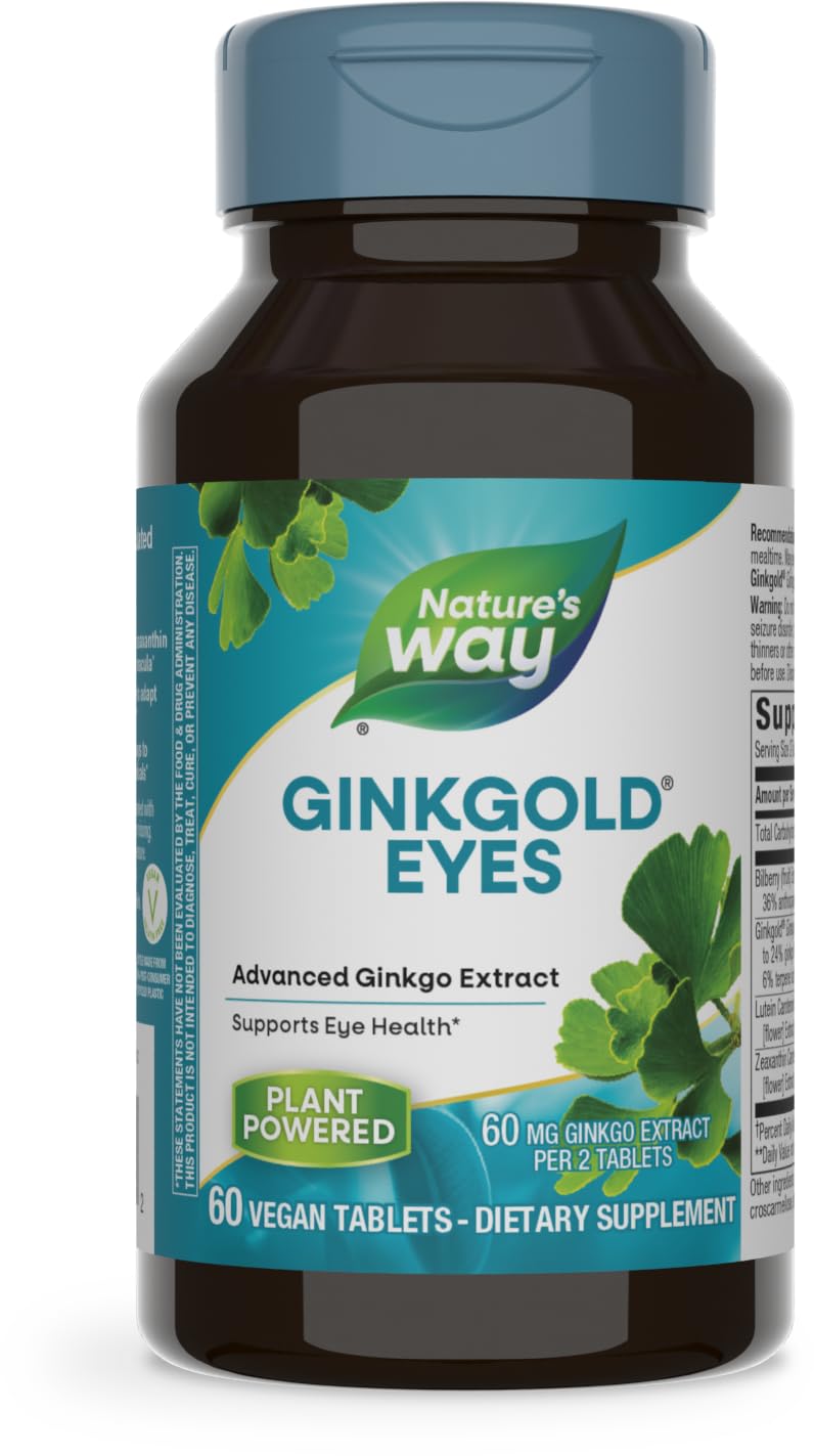 Nature&#39;s Way Ginkgold Eyes, Gingko Biloba Supplement for Adults, Supports Eye Health*, Gluten Free, 60mg Ginkgo Biloba Extract Per 2- Tablet Serving, 60 Tablets (Packaging May Vary)