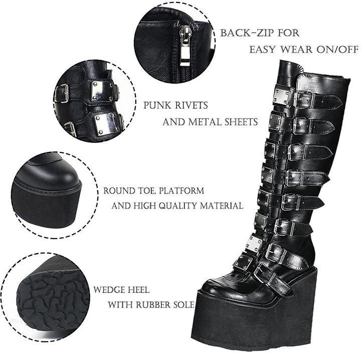 Womens Chunky Platform Knee High Boots High Heel Round-Toe Zip Punk Goth Mid Calf Combat Boots For Women