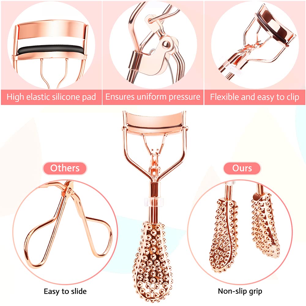 Eyelash Curler, Mini Eyelash Curler Kit with Eyelash Curler Eyelash Extension Tweezers, Eyelash Brush Comb Eyelashes Scissors and Refill Pads, False Eyelash Applicator Tool for Women (Rose Gold)