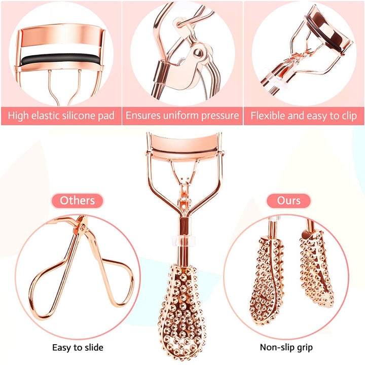 Eyelash Curler, Mini Eyelash Curler Kit with Eyelash Curler Eyelash Extension Tweezers, Eyelash Brush Comb Eyelashes Scissors and Refill Pads, False Eyelash Applicator Tool for Women (Rose Gold)