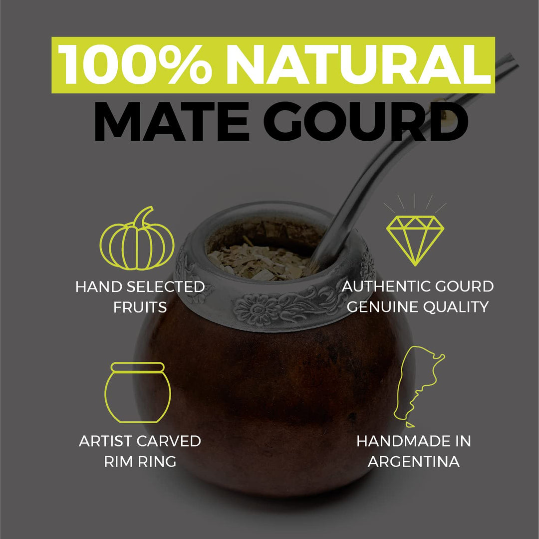Balibetov Yerba Mate Gourd Set (Original Natural Handmade Yerba Mate Cup Argentina) - Includes Mate Tea Cup, Bombilla (Yerba Mate Straw) and Clean Brush (Brown)