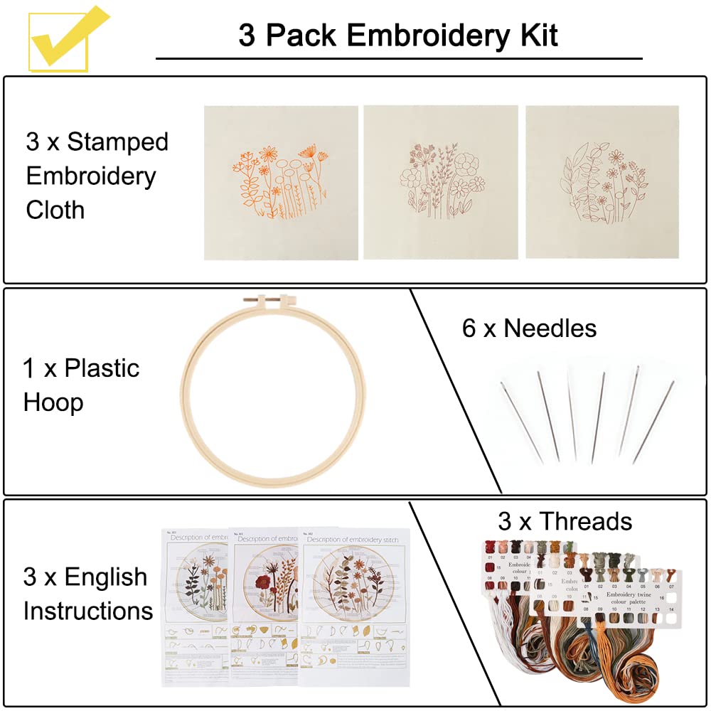 Uphome 3 Pack Embroidery Starter Kit for Beginners Stam