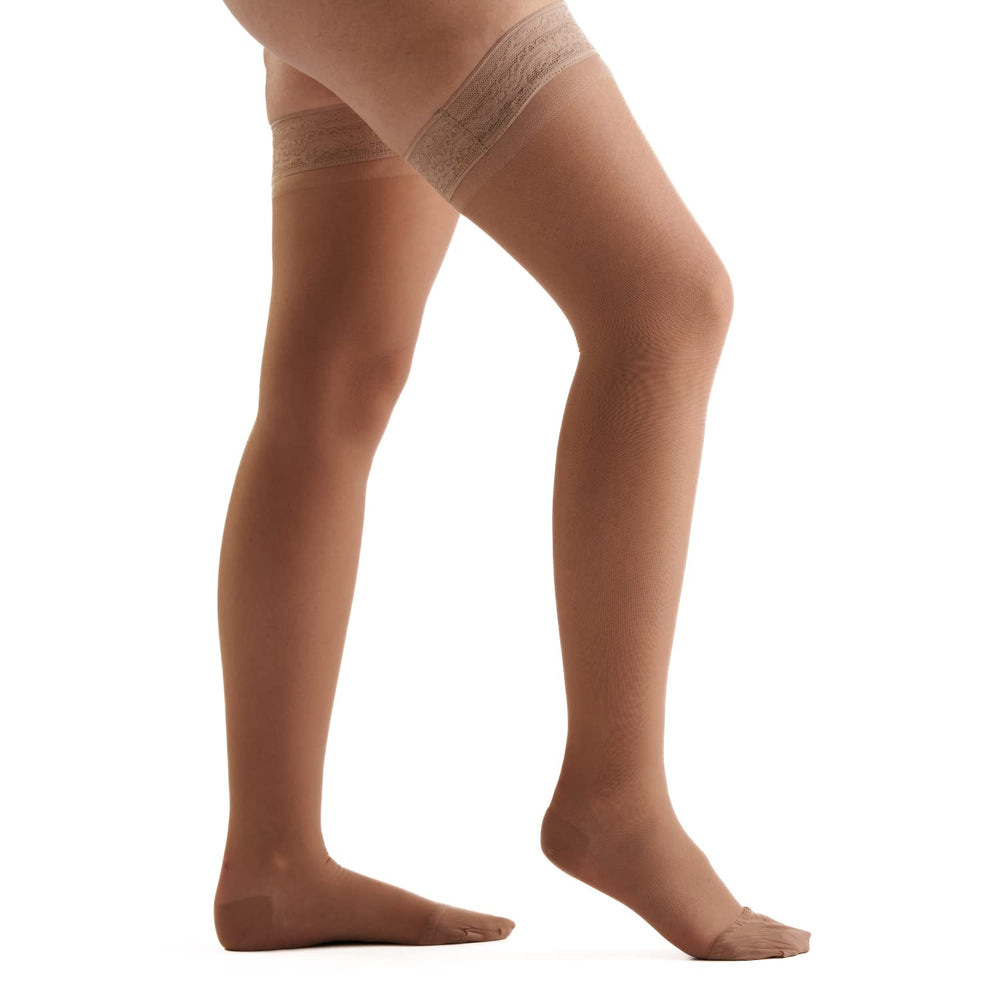 Women's USA Made Thigh High Compression Stockings 15-20 mmHg Moderate Pressure Everyday Socks Stay Up Lace Top Support Hose (XL, Tan Beige Nude)