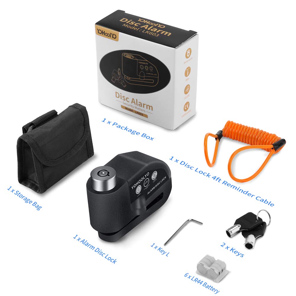 Alarm Disc Lock Motorcycle Disc Brake Lock Anti-Theft Waterproof 110 dB 7mm Pin 5ft Reminder Cable for Motorcycles Bike Scooter Carry Pouch (Black)
