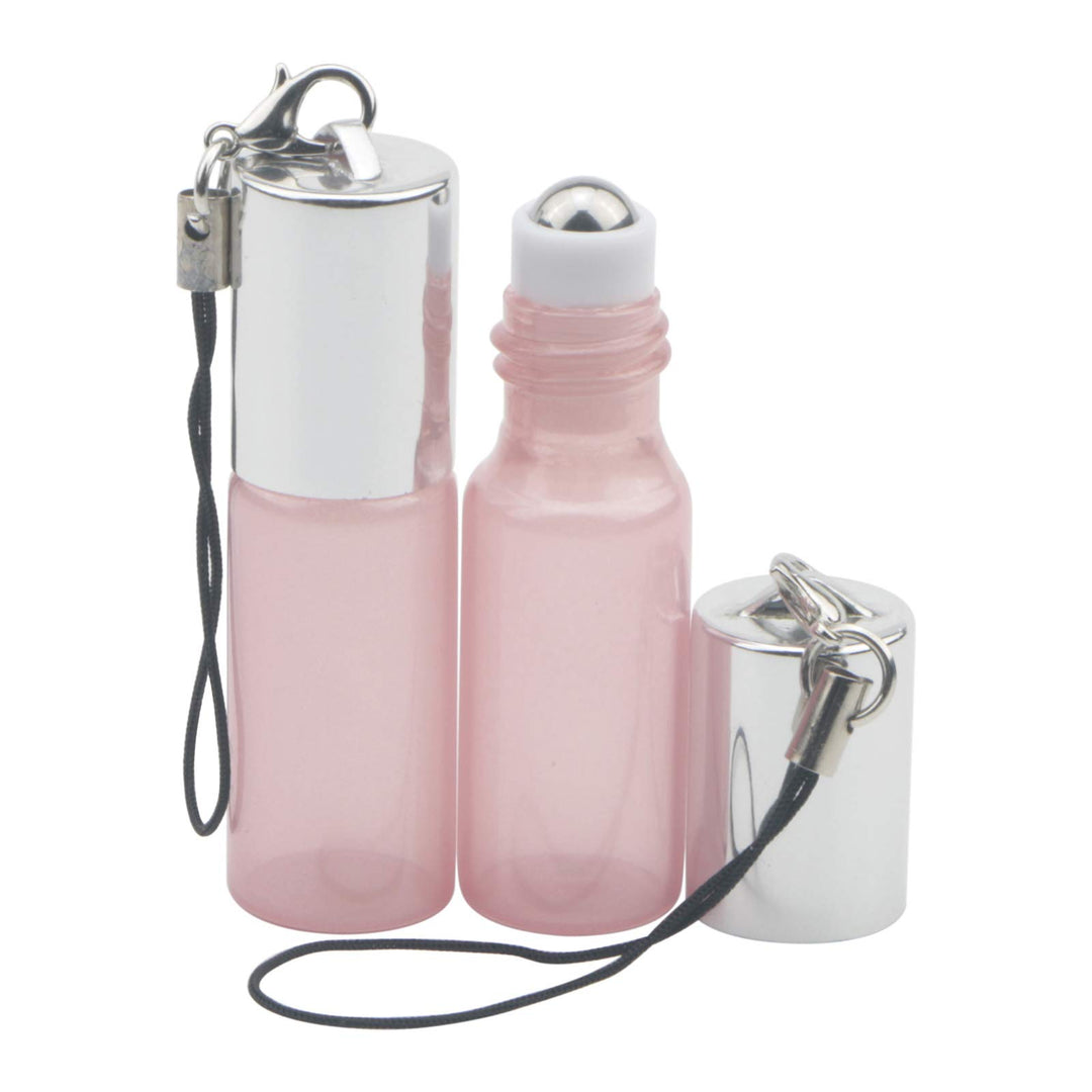 5ml Pink Glass Essential Oil Roller-on Bottles with Stainless Steel Roller Balls Pearlescent Vials for Perfume Aromatherapy Oils Pack of 18 (Opener Pendant Included)