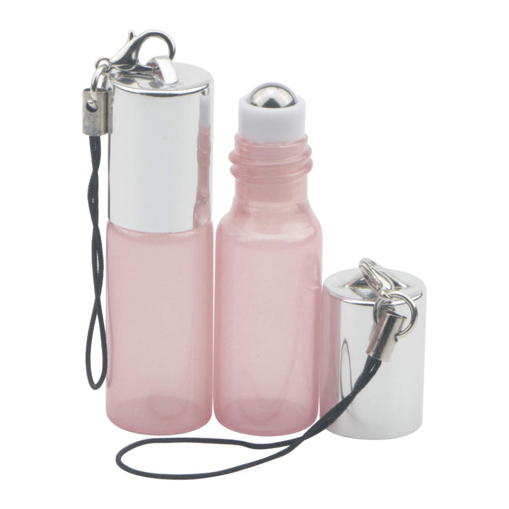 5ml Pink Glass Essential Oil Roller-on Bottles with Stainless Steel Roller Balls Pearlescent Vials for Perfume Aromatherapy Oils Pack of 18 (Opener Pendant Included)