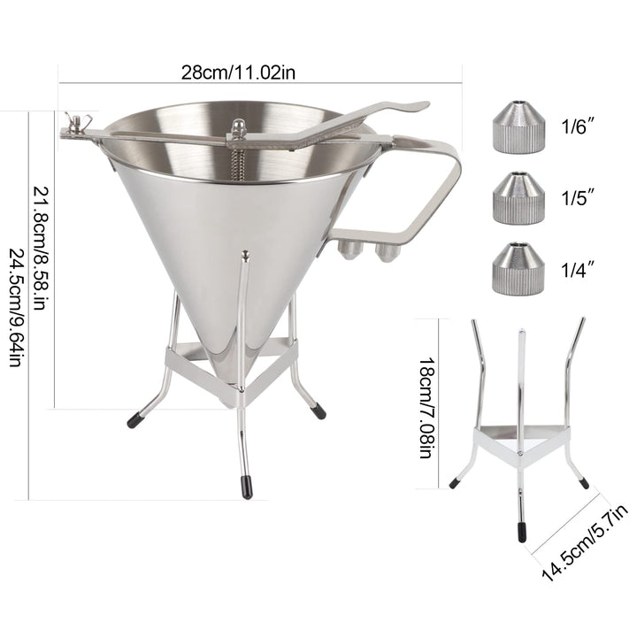 Confectionery Funnel, Stainless Steel Funnel with Stand and 3 Nozzles Commercial Grade Cake Decorating Tool Batter Funnels Precise Dispensing and Filling for Home Kitchen, Cake Cupcake Baked Use