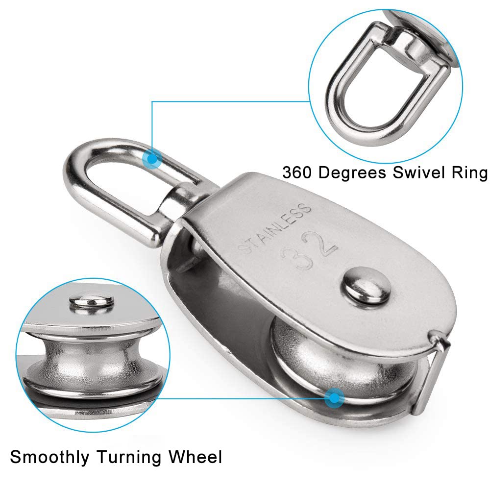 Single Pulley Block Sets, 304 Stainless Steel Lifting Single Pulley Block Cable Wire Towing Wheel with Snap Hook Clip (M32/32mm, 1PC)