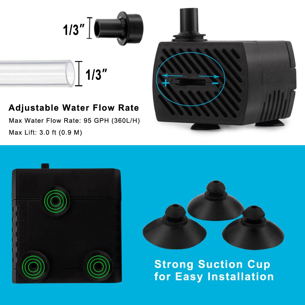 95GPH 5W Mini Submersible Water Pump for Aquarium Fish Tank, Pond, Fountain, Hydroponics