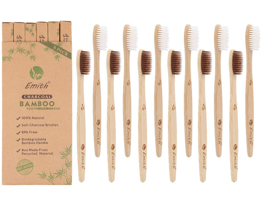 12 Pcs Bamboo Toothbrushes Biodegradable Soft Charcoal 
