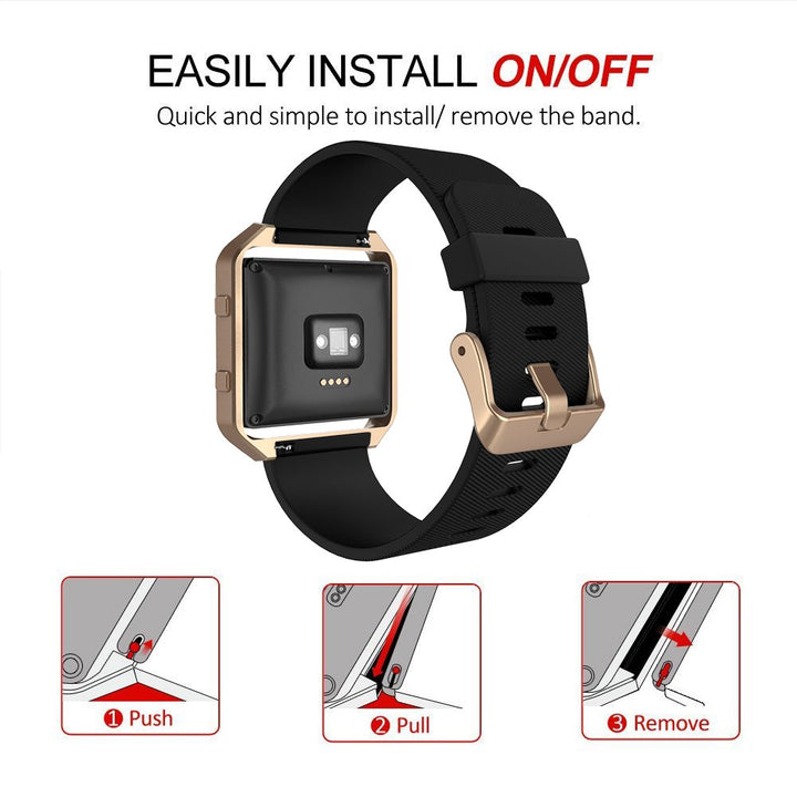 Sport Band Compatible with Fitbit Blaze Smartwatch Sport Fitness, Silicone Wrist Band with Meatl Frame Replacement for Fitbit Blaze Men Women, Small, Black+Rose Gold Frame