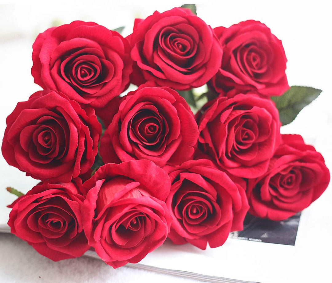 Artificial Silk Rose Flowers 12pcs Real Looking Fake Big Roses Velvet Roses Bridal Bouquet Wedding Home Kitchen Decorations or Gift (Red)
