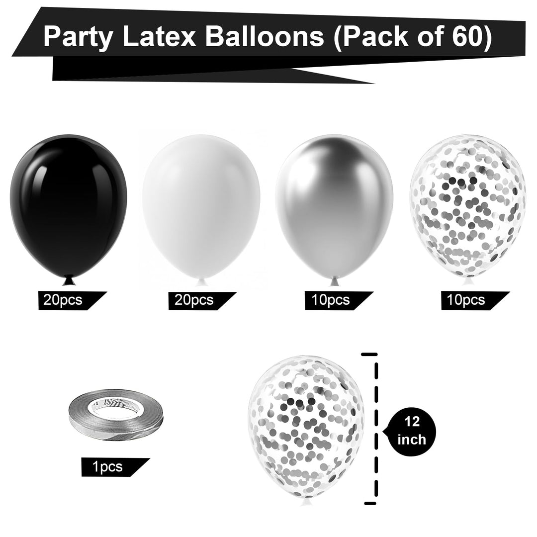 Black Silver Confetti Latex Balloons,60pcs 12 inch Black White Silver Metallic Chrome and Silver Confetti Balloons for Birthday, Baby Shower, Wedding, and Silver Theme Party Decoration