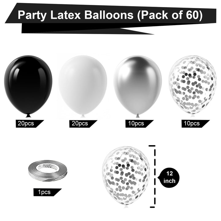 Black Silver Confetti Latex Balloons,60pcs 12 inch Black White Silver Metallic Chrome and Silver Confetti Balloons for Birthday, Baby Shower, Wedding, and Silver Theme Party Decoration