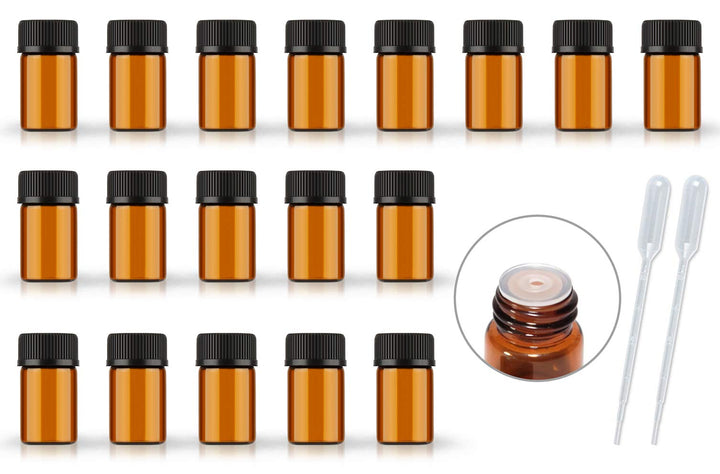 50Pack Set 1ML 2ML 3ML 5ML Amber Glass Bottle with Orifice Reducer and Cap Small Essential Oil Vials (2ML)