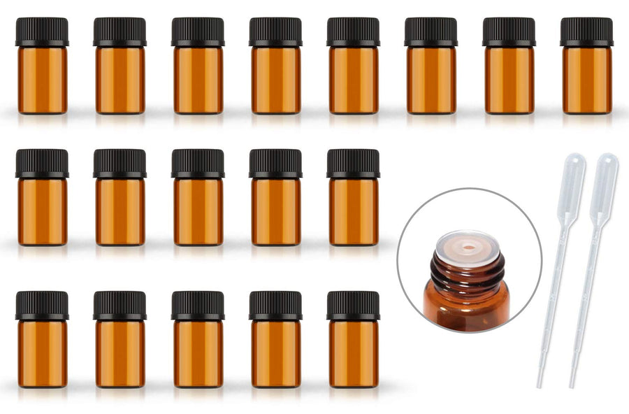 50Pack Set 1ML 2ML 3ML 5ML Amber Glass Bottle with Orifice Reducer and Cap Small Essential Oil Vials (2ML)
