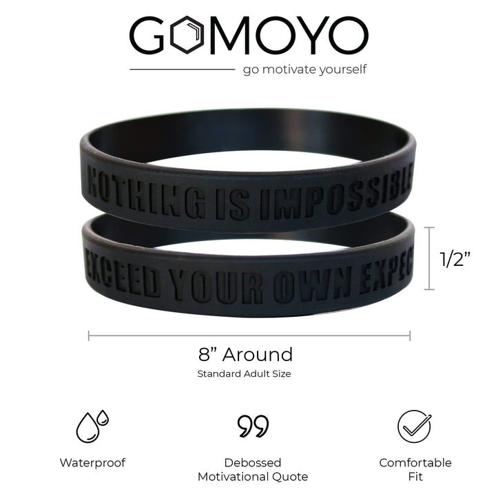 Nothing is Impossible, Exceed Your Own Expectations Motivational Silicone Wristbands, Rubberband Bracelets for Fitness, Workouts, Exercise, Basketball (Black &amp; White 4 Pack (2 Each))