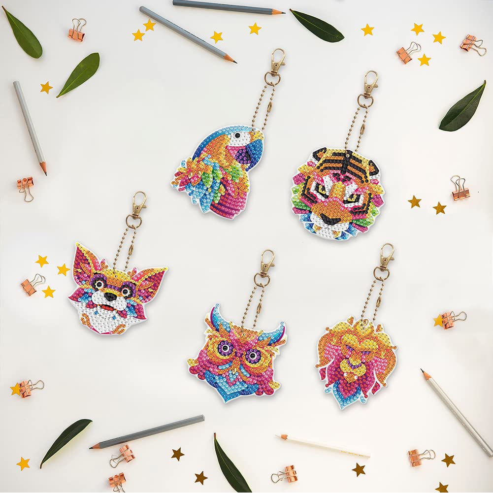 DIY Diamond Painting Keychain Set 5pcs Key Ring Full Drill Mosaic Making Diamond Painting Pendant Girlfriend Mother Gift for Art Craft Key Ring Phone Charm Bag Decor (Tiger Lion Parrot Dog Owl)