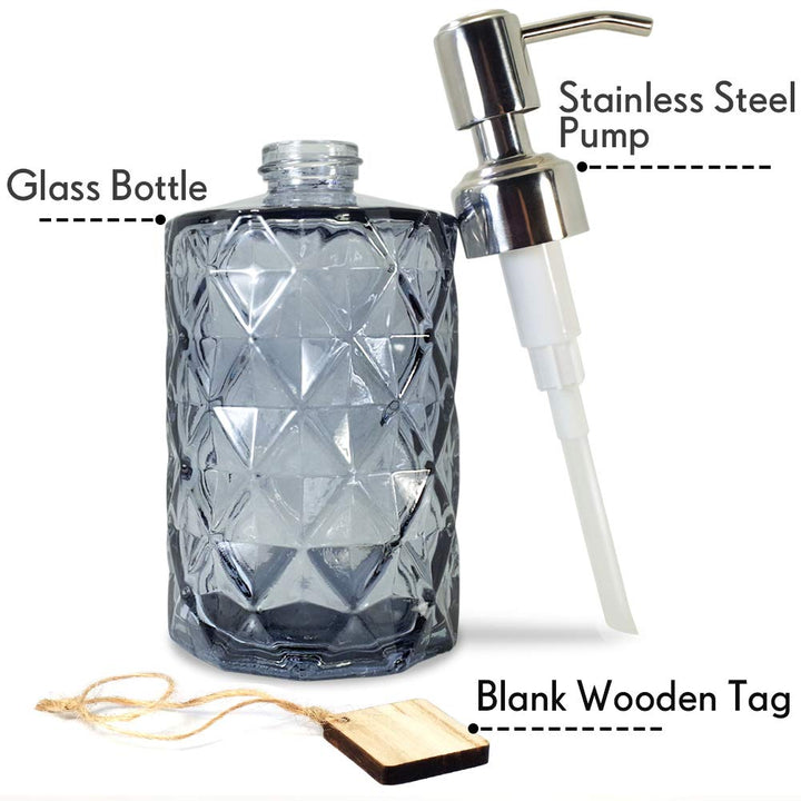 Diamond Design Glass Soap Dispenser with 304 Rust Proof Stainless Steel Soap Pump, 12 Ounce Kitchen Soap Dispenser for Bathroom, Hand Soap, Dish Soap (Grey)