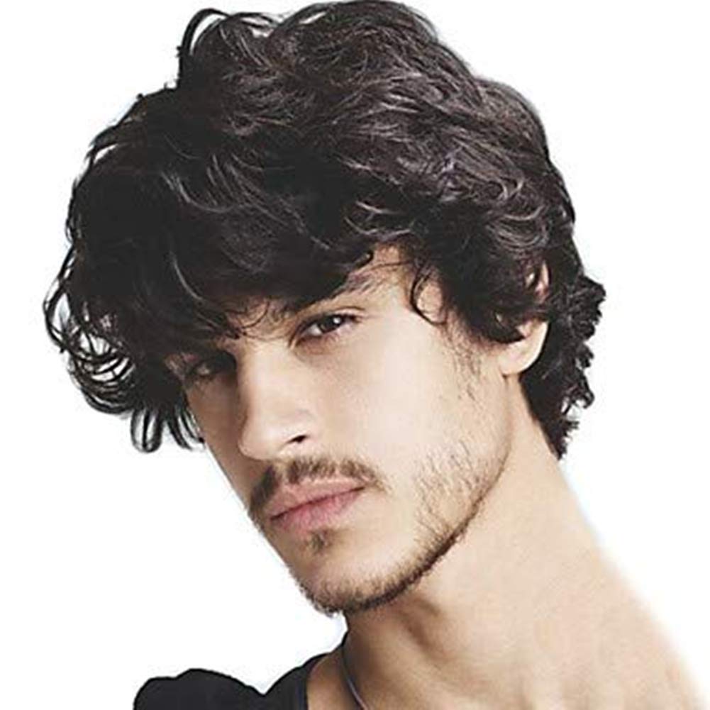 Mens Short Curly Black Wig with Bang Costume Halloween Cosplay Party Natural Hair Wig