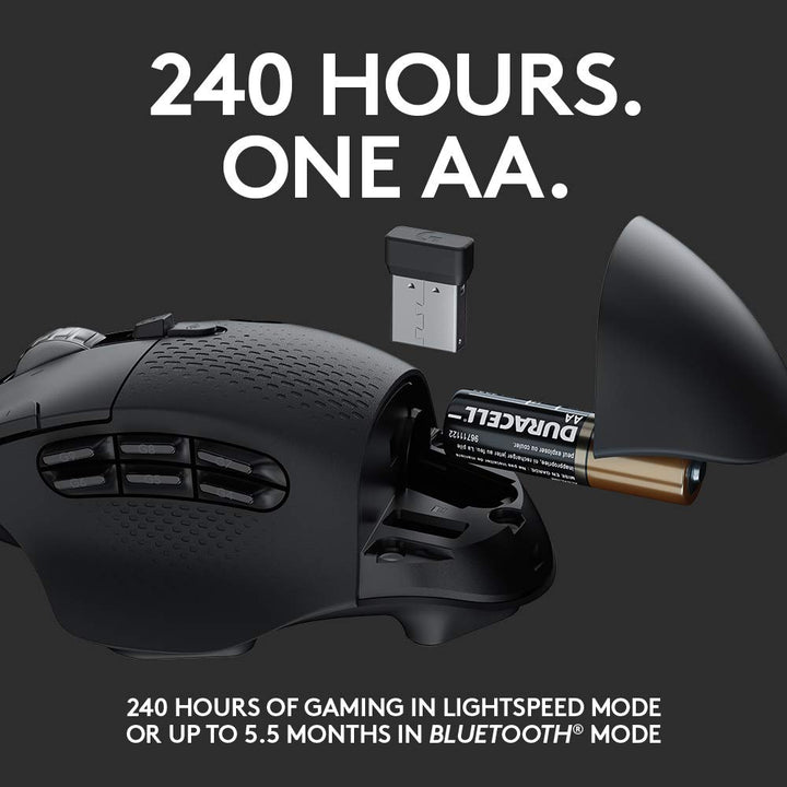 604 LIGHTSPEED Gaming Mouse with 15 programmable controls, up to 240 hour battery life, dual wireless connectivity modes, hyper-fast scroll wheel - Black