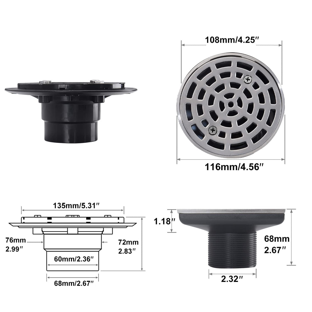 4 1/4 Shower Drain Round Brushed Nickel, Removable Grille Strainer Screws in Drain Cover, Base with Adjustable Drain Flange Kit PVC, SUS304 Stainless Steel