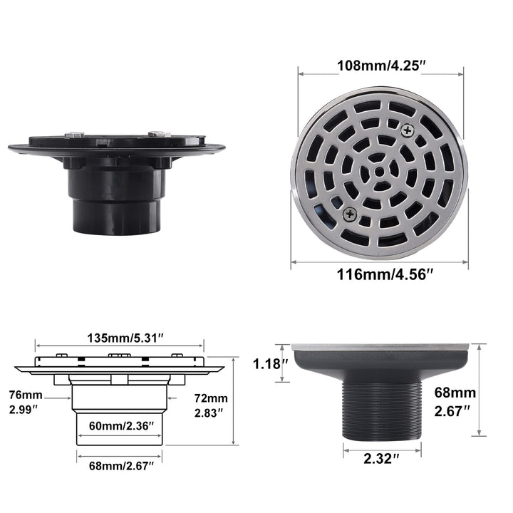 4 1/4 Shower Drain Round Brushed Nickel, Removable Grille Strainer Screws in Drain Cover, Base with Adjustable Drain Flange Kit PVC, SUS304 Stainless Steel