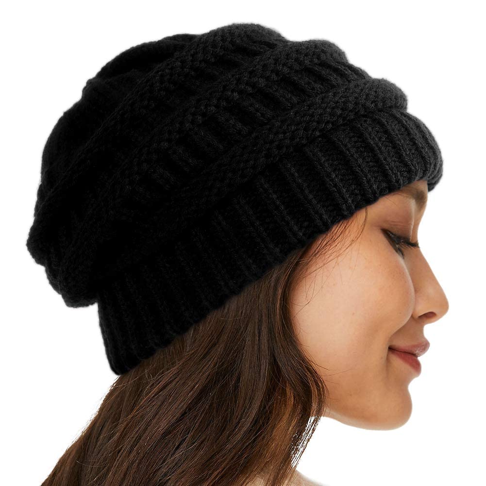 Womens Satin Lined Winter Hats Cable Knit Beanie for Men Silk Lining Thick Chunky Cap Soft Slouchy Warm Hat Black